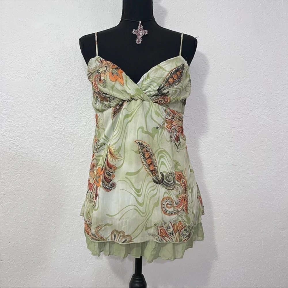 Forever 21 Light Green Paisley Twist-Front Tank with Orange Accents